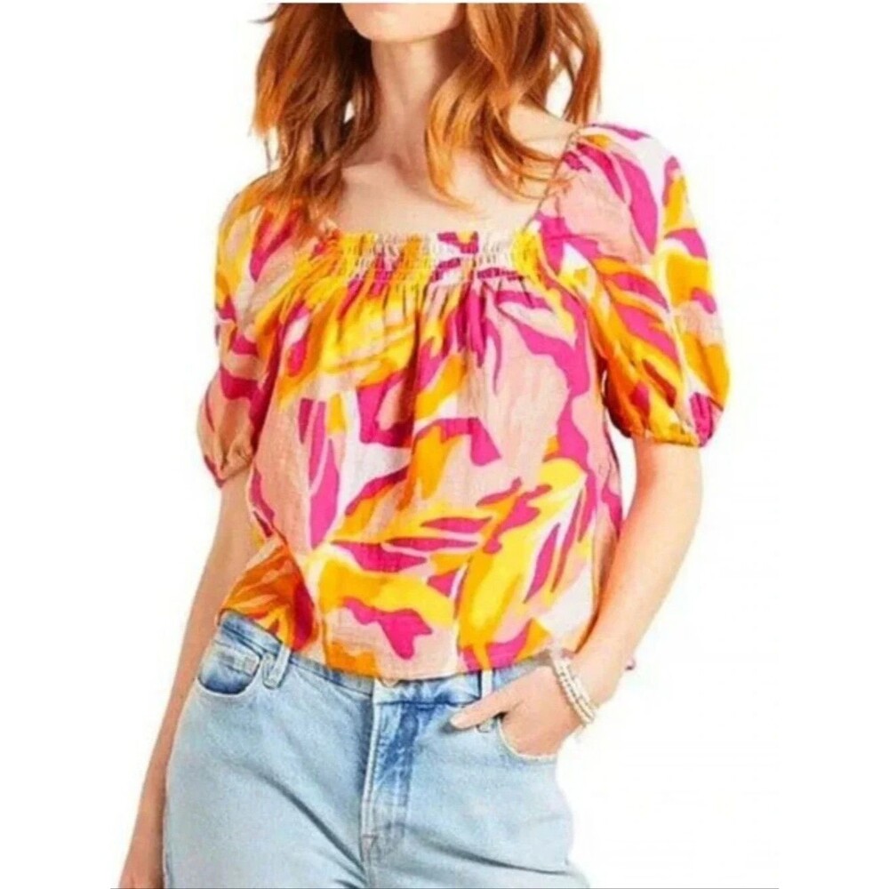 Sanctuary Real Love Gauze Blouse Square Neck M NWT Boho Resort Tropical Dopamine